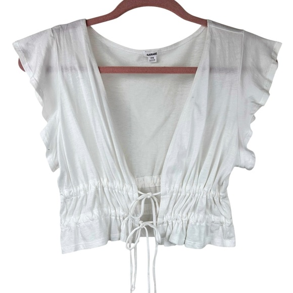Garage white sheer cropped top, S, ruffle sleeves, tie up front, deep v, coverup - Picture 1 of 5